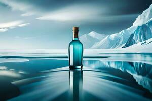 a bottle of champagne is sitting on the water in front of a mountain. AI-Generated photo