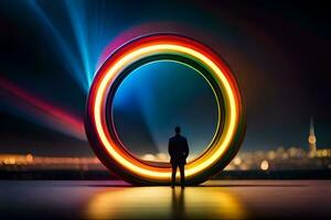 a man standing in front of a colorful ring. AI-Generated photo