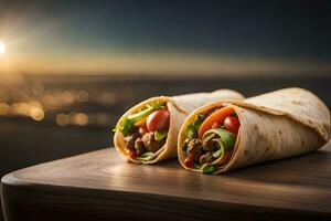 two burritos on a wooden table with the sunset in the background. AI-Generated photo