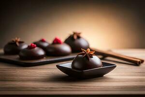 chocolate cubierto pelotas en un de madera mesa. generado por ai foto