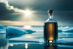 a bottle of whiskey sits on the ice with the sun shining. AI-Generated photo