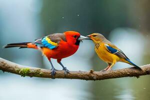 two colorful birds sitting on a branch. AI-Generated photo