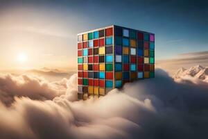 a building is in the clouds with colorful blocks. AI-Generated photo