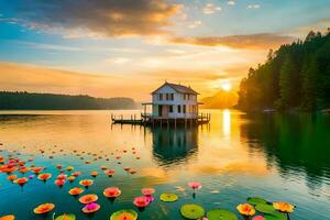 a house on a small island surrounded by water lillies. AI-Generated photo