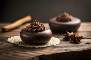 chocolate desserts on wooden table with cinnamon and star anise. AI-Generated photo