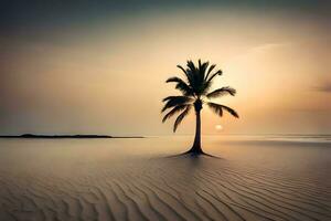a lone palm tree stands in the middle of a sandy beach. AI-Generated photo