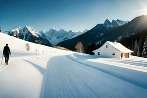 un hombre es caminando en nieve en frente de un casa. generado por ai foto