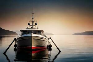 a boat is docked at the end of a dock. AI-Generated photo