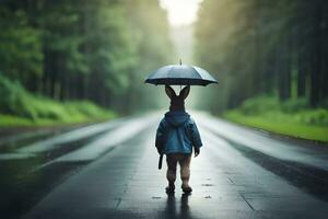 a rabbit is walking down a road with an umbrella. AI-Generated photo