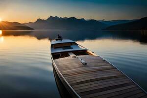 a boat sits on the water at sunset. AI-Generated photo