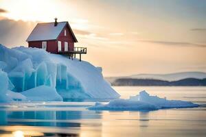 a red house sits on top of an iceberg. AI-Generated photo