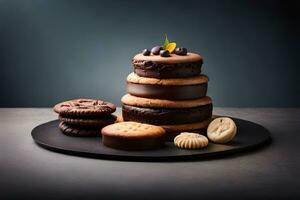 a stack of cookies and chocolate cake on a black plate. AI-Generated photo