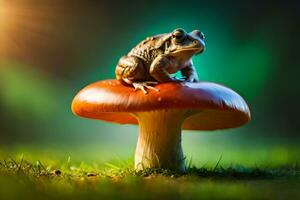 a frog sits on top of a mushroom. AI-Generated photo