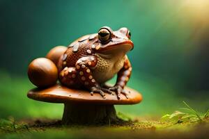 a frog sitting on top of a mushroom. AI-Generated photo