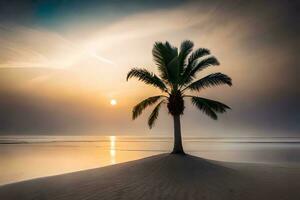 a lone palm tree stands on the beach at sunset. AI-Generated photo