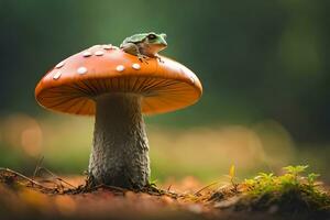 un rana se sienta en parte superior de un seta en el bosque. generado por ai foto