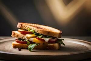 a toasted sandwich with cheese, tomatoes and lettuce. AI-Generated photo