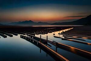 a long pier with many wooden boats in the water. AI-Generated photo