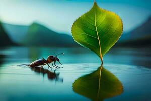 a bug is standing on the water with a leaf. AI-Generated photo