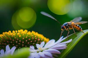 un avispa en un flor con un borroso antecedentes. generado por ai foto