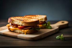 grilled cheese sandwich with tomato, lettuce and cheese on a wooden cutting board. AI-Generated photo