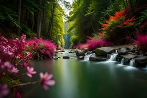 a river flowing through a forest with pink flowers. AI-Generated photo