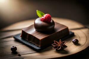 chocolate cake with raspberry on top on wooden table. AI-Generated photo