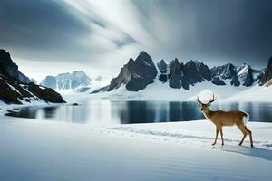 a deer stands in front of a snowy mountain range. AI-Generated photo