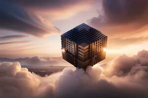 un cubo flotante en el nubes generado por ai foto