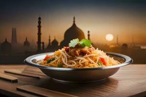 indian food in a bowl with a view of the sunset. AI-Generated photo