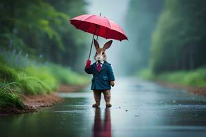 a rabbit in a suit holding an umbrella. AI-Generated photo