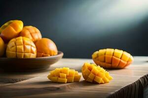 mangoes in a bowl on a wooden table. AI-Generated photo