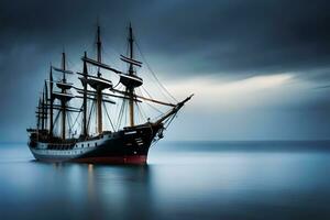 a tall ship in the ocean under a stormy sky. AI-Generated photo