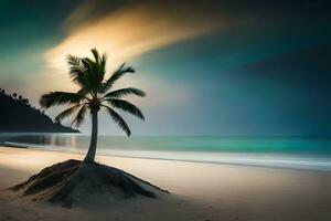un solitario palma árbol soportes en un arenoso playa a puesta de sol. generado por ai foto