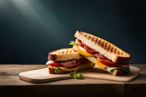 grilled sandwich with tomato, lettuce and cheese on wooden cutting board. AI-Generated photo