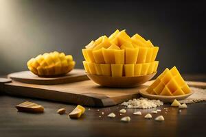 mango slices on a wooden cutting board. AI-Generated photo