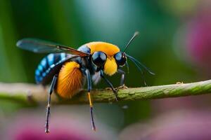 un cerca arriba de un abeja con un amarillo y negro rostro. generado por ai foto