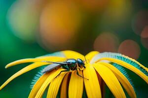 un mosca se sienta en un amarillo flor con borroso antecedentes. generado por ai foto