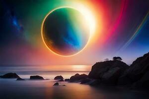 a colorful rainbow eclipse over the ocean. AI-Generated photo