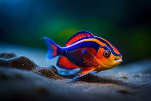 un naranja y azul pescado con oscuro antecedentes. generado por ai foto