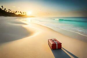 red suitcase on the beach at sunset. AI-Generated photo