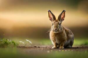 a rabbit sitting on the ground in front of a field. AI-Generated photo