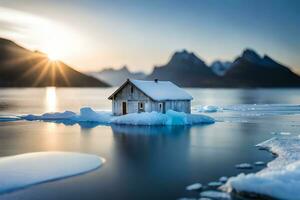 an ice house sits on the water in front of mountains. AI-Generated photo