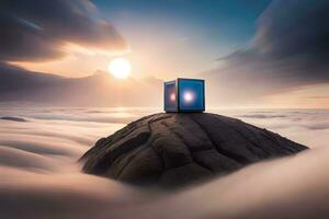 a box sitting on top of a rock in the clouds. AI-Generated photo