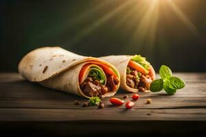 burrito with meat and vegetables on a wooden table. AI-Generated photo