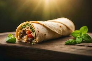 a wrap with meat and vegetables on a wooden table. AI-Generated photo