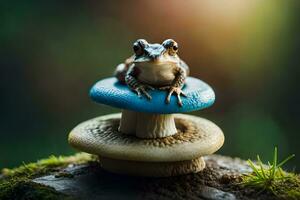 a frog sits on top of a blue mushroom. AI-Generated photo