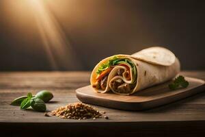 a wrap with meat and vegetables on a wooden board. AI-Generated photo