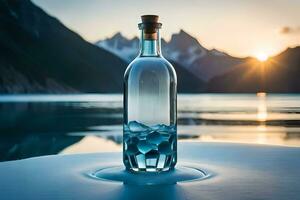 a bottle of water sitting on the edge of a lake. AI-Generated photo