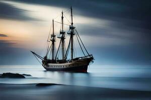 a sailing ship in the ocean at dusk. AI-Generated photo